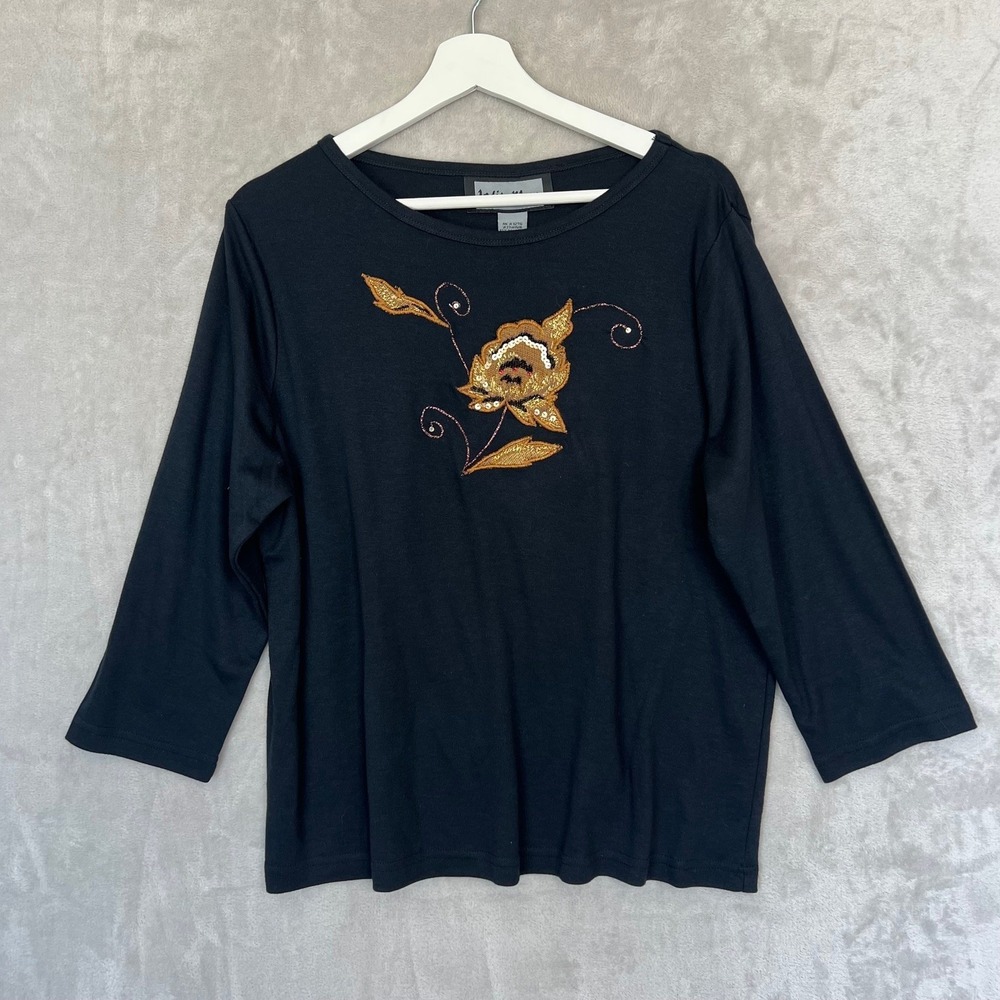 Vintage Indigo Moon Black Embroidered Floral Sequin Top 1X QVC Boho Artsy Y2K